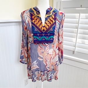 Soft Surroundings Bright Multicolor Pleated Semi Sheer Tory Tunic Size Medium